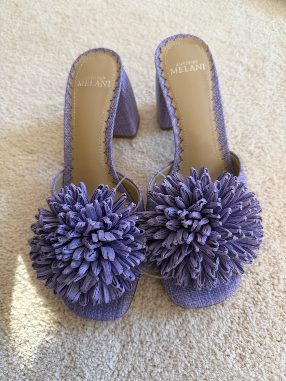ANTONIO MELANI Lavender Pom-Pom Block Heel Sandals